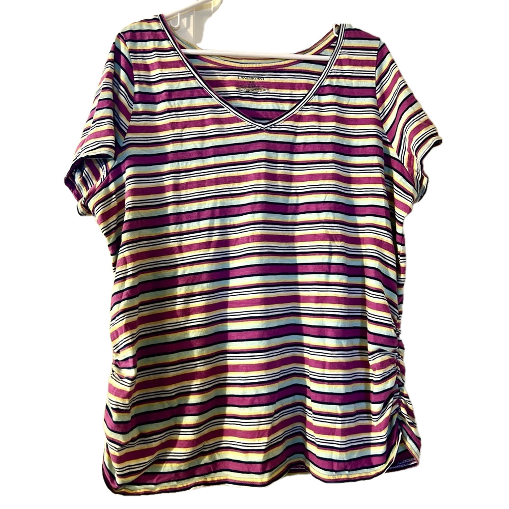 Plus Size- Striped, Rouched V Neck Tee